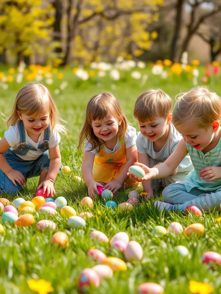 A vibrant image capturing children joyfully participating in an Easter egg hunt organized by Amicale Laïque de St Julien-Montdenis, set in a sunny, green field with colorful eggs scattered around.