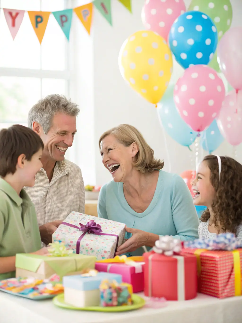 A heartwarming image of families participating in a Christmas event organized by Amicale Laïque de St Julien-Montdenis, featuring a decorated Christmas tree, gifts, and smiling faces.
