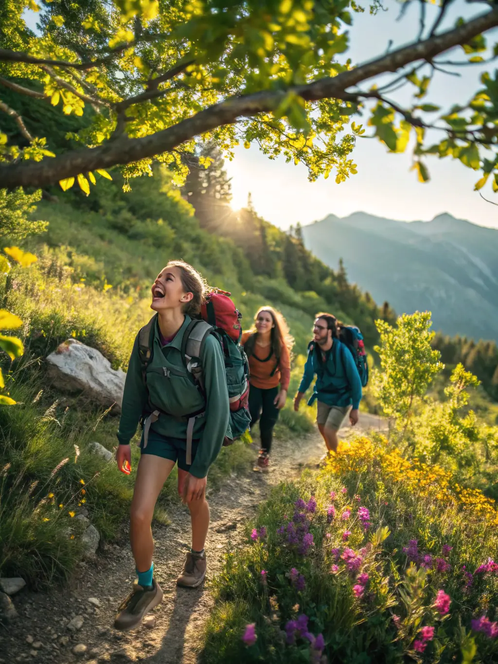 A group of hikers, including children and adults, walking along a scenic mountain trail during a 'Sports Activities for Families' hiking event.
