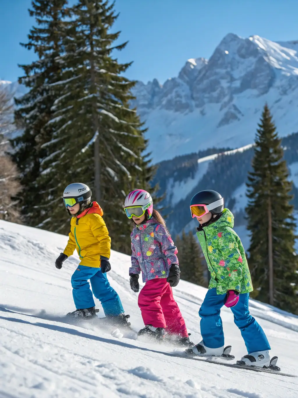 A group of families happily skiing down a snowy slope in St Julien-Montdenis, with the village visible in the background.