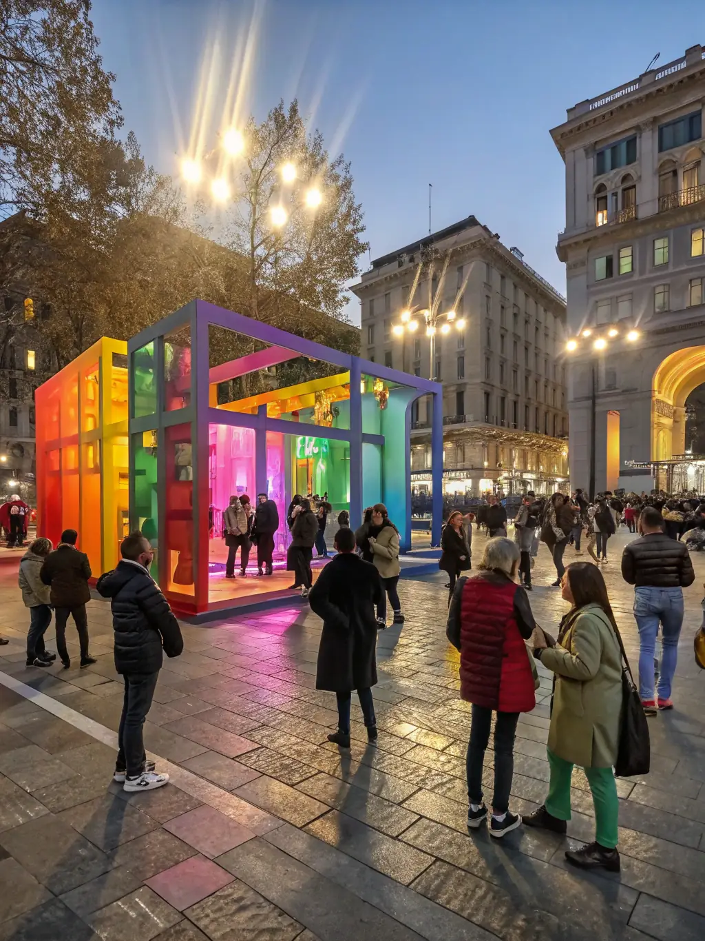 A photograph capturing a diverse group of people actively participating in an interactive art installation at one of LE PACHYDERME CULTUREL's exhibitions.