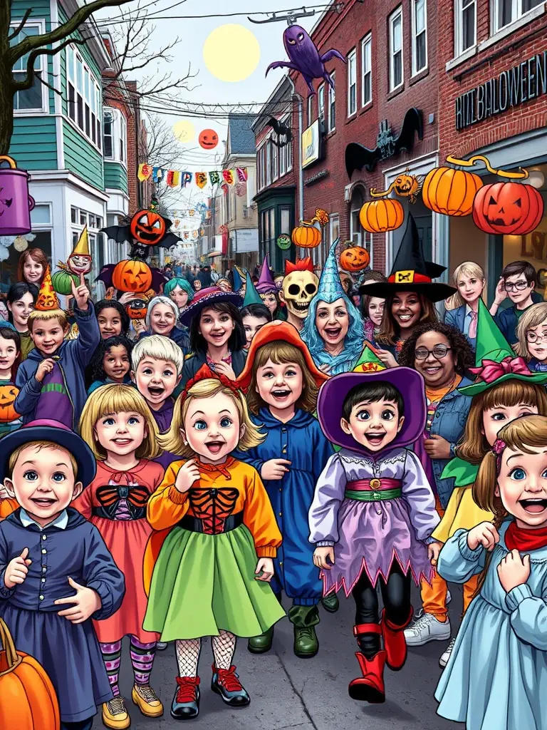 A spooky and fun image of a Halloween celebration organized by Amicale Laïque de St Julien-Montdenis, featuring children in costumes, carved pumpkins, and festive decorations.