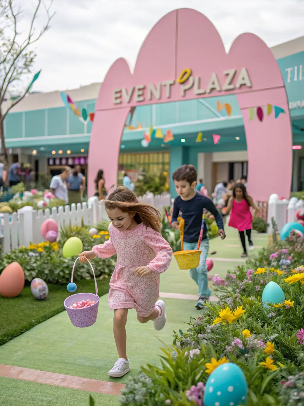 A vibrant photo of children participating in an Easter egg hunt organized by Amicale Laïque, with colorful eggs scattered around a park.