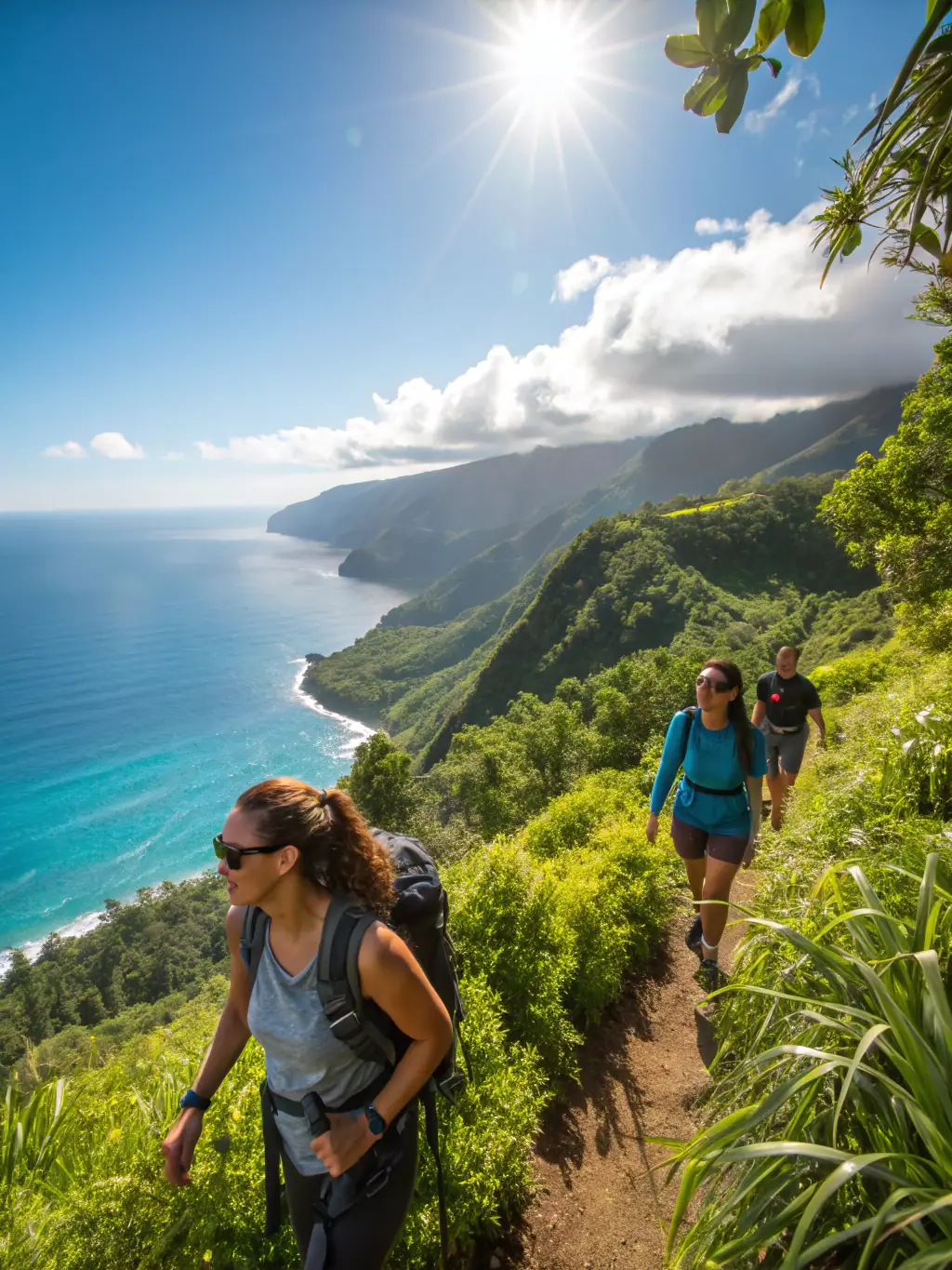 A group of hikers traversing a scenic mountain trail near St Julien-Montdenis, surrounded by lush greenery.