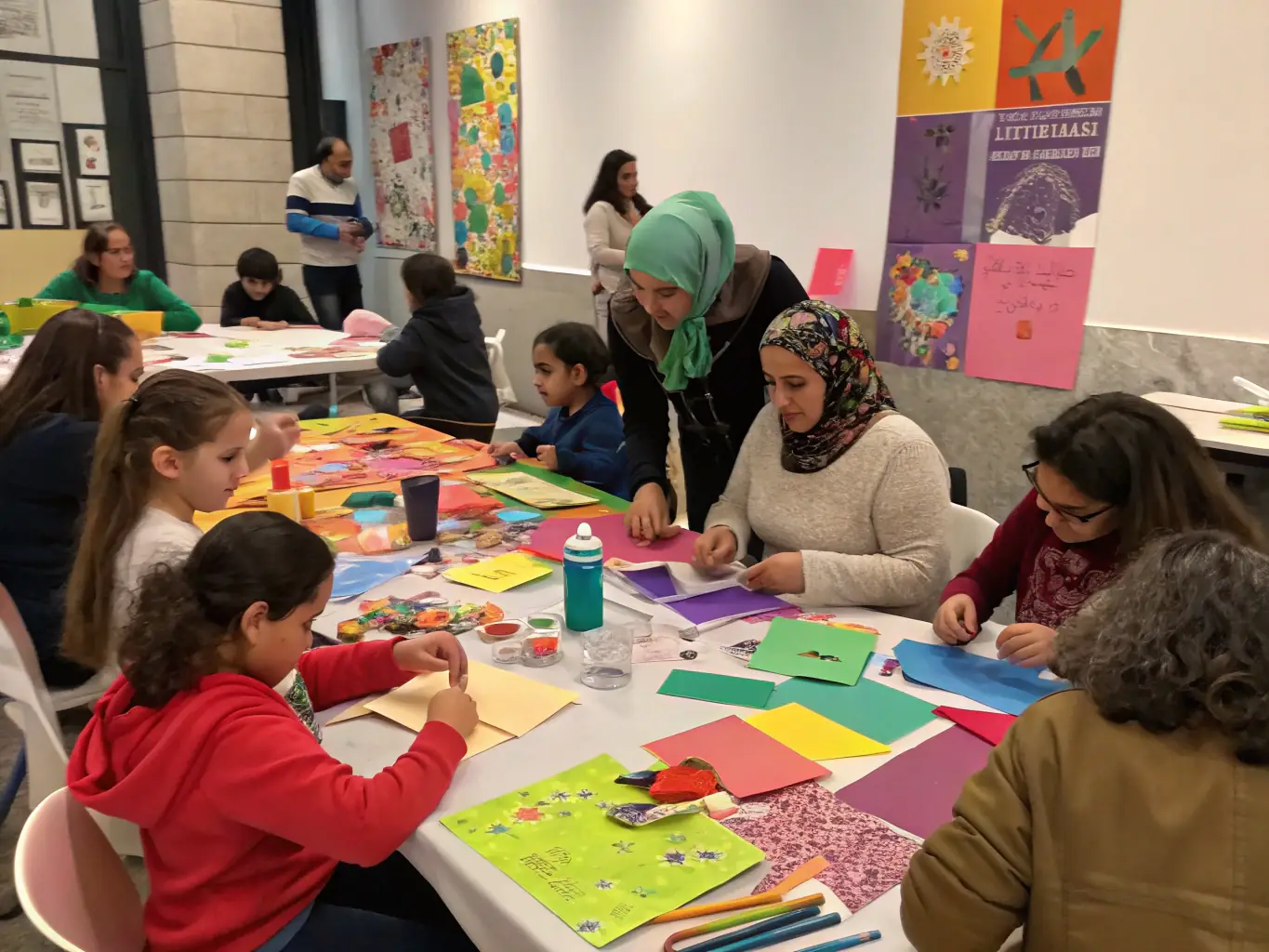 A vibrant photograph capturing a community art workshop in progress, showcasing participants of diverse ages and backgrounds actively engaged in creating artwork, with LE PACHYDERME CULTUREL's banner subtly displayed in the background.