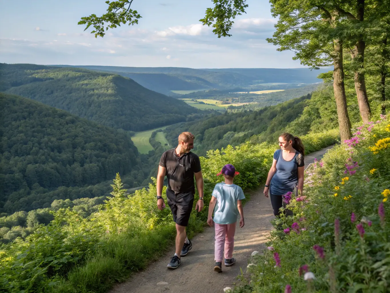 A picturesque image of a family hiking through a lush green trail in the mountains near St Julien-Montdenis, emphasizing the beauty of nature and the joy of hiking.