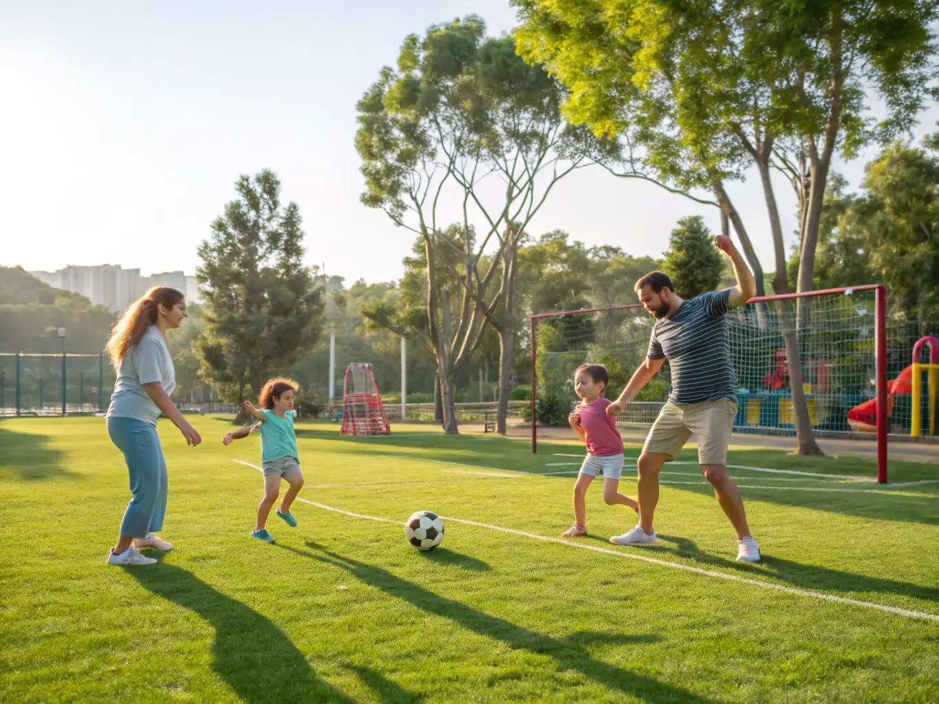 A group of families participating in an outdoor sports event organized by Amicale Laïque, showcasing community engagement and active participation.