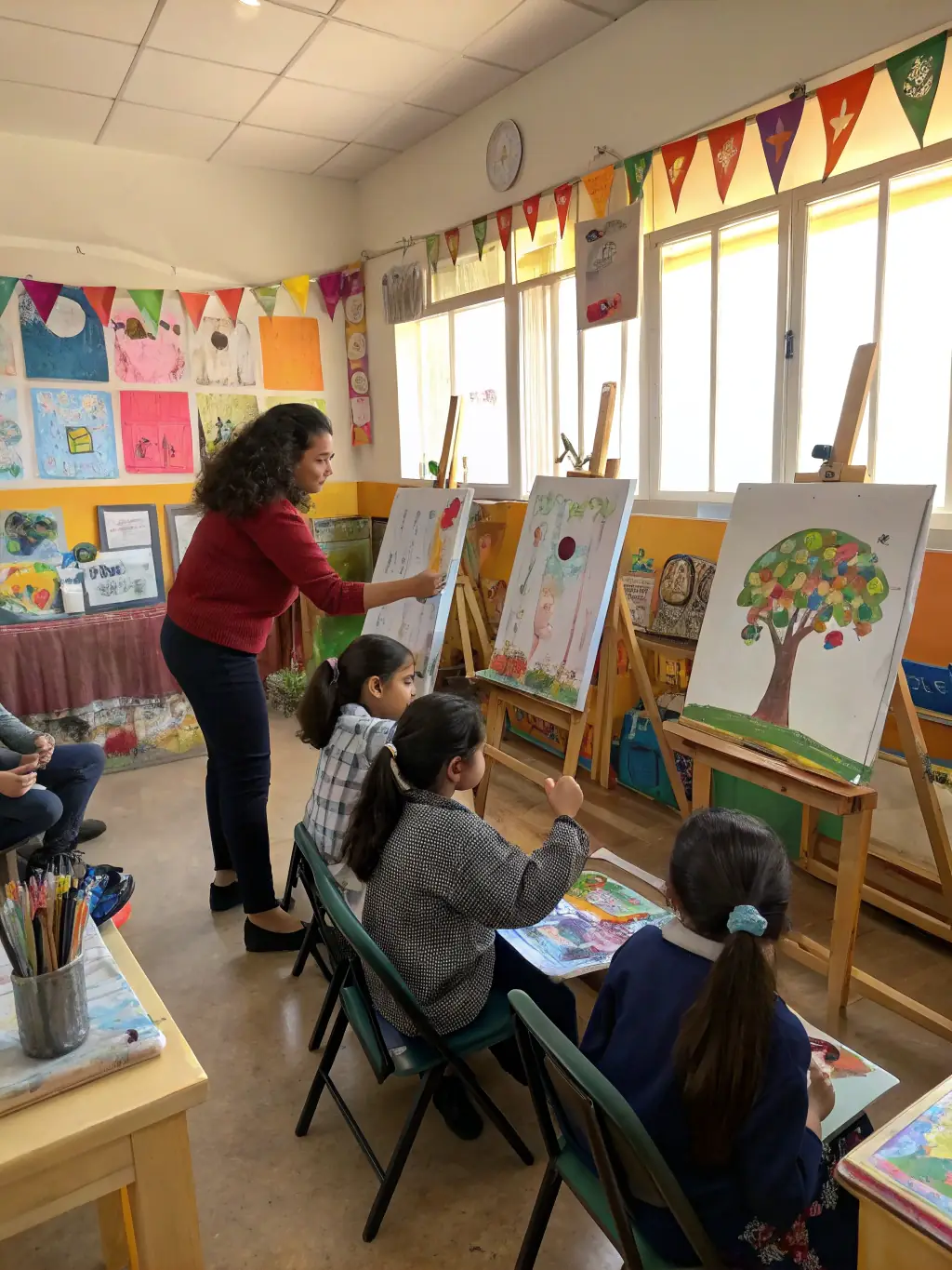 A photograph of children participating in an educational art program at LE PACHYDERME CULTUREL, with instructors guiding them through creative activities.