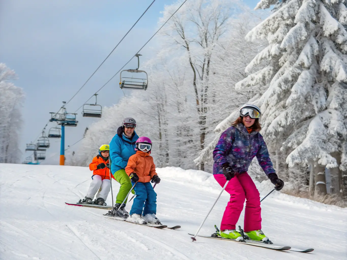 A vibrant image of a family happily skiing down a snowy slope in St Julien-Montdenis, showcasing the joy and excitement of winter sports.