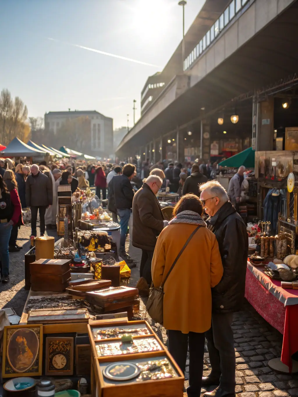 A bustling image of the Amicale Laïque de St Julien-Montdenis flea market, showcasing various stalls with people browsing through vintage items, clothes, and household goods.