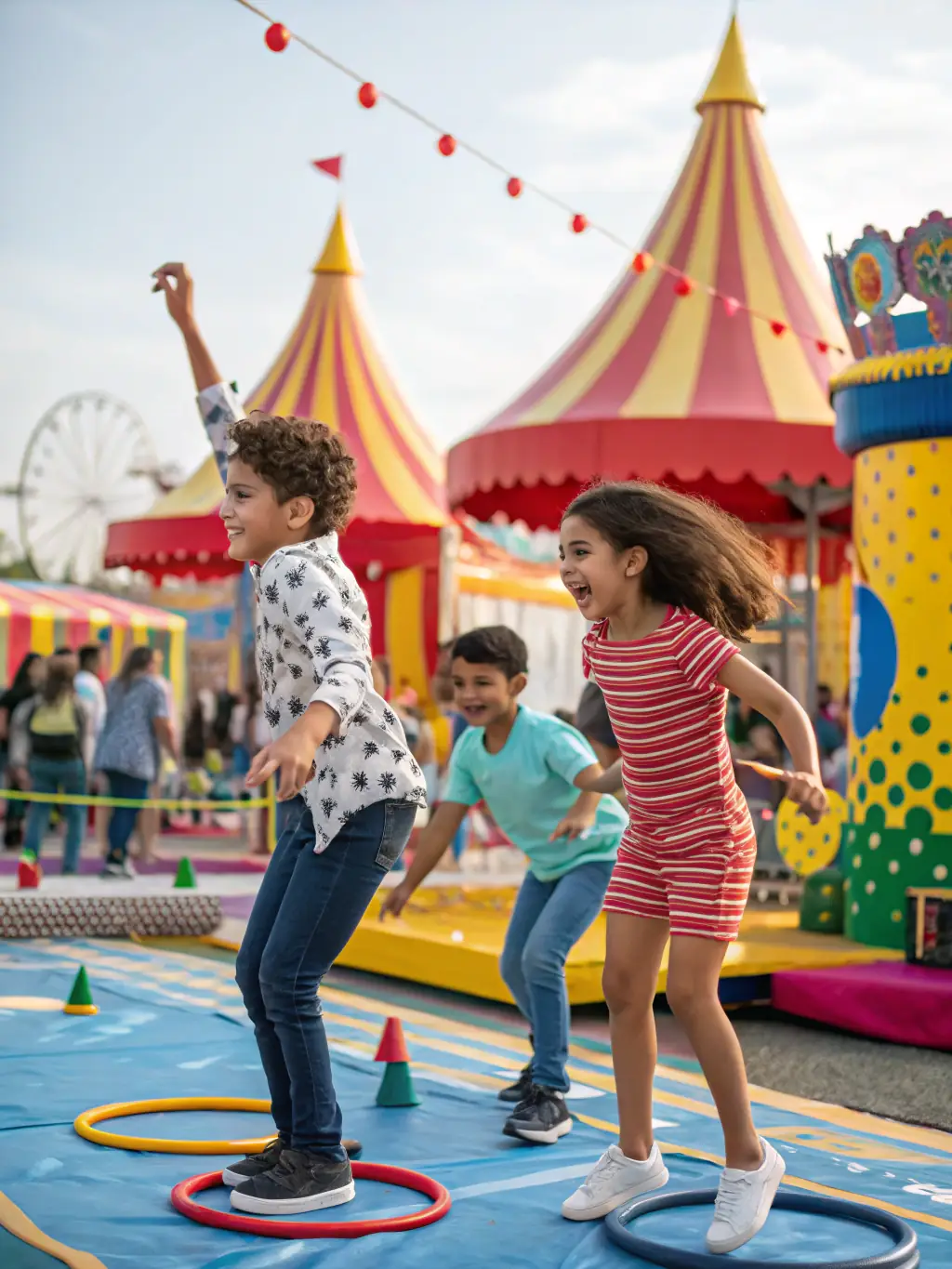 A lively scene from the annual Halloween celebration, with children in costumes participating in games and activities.