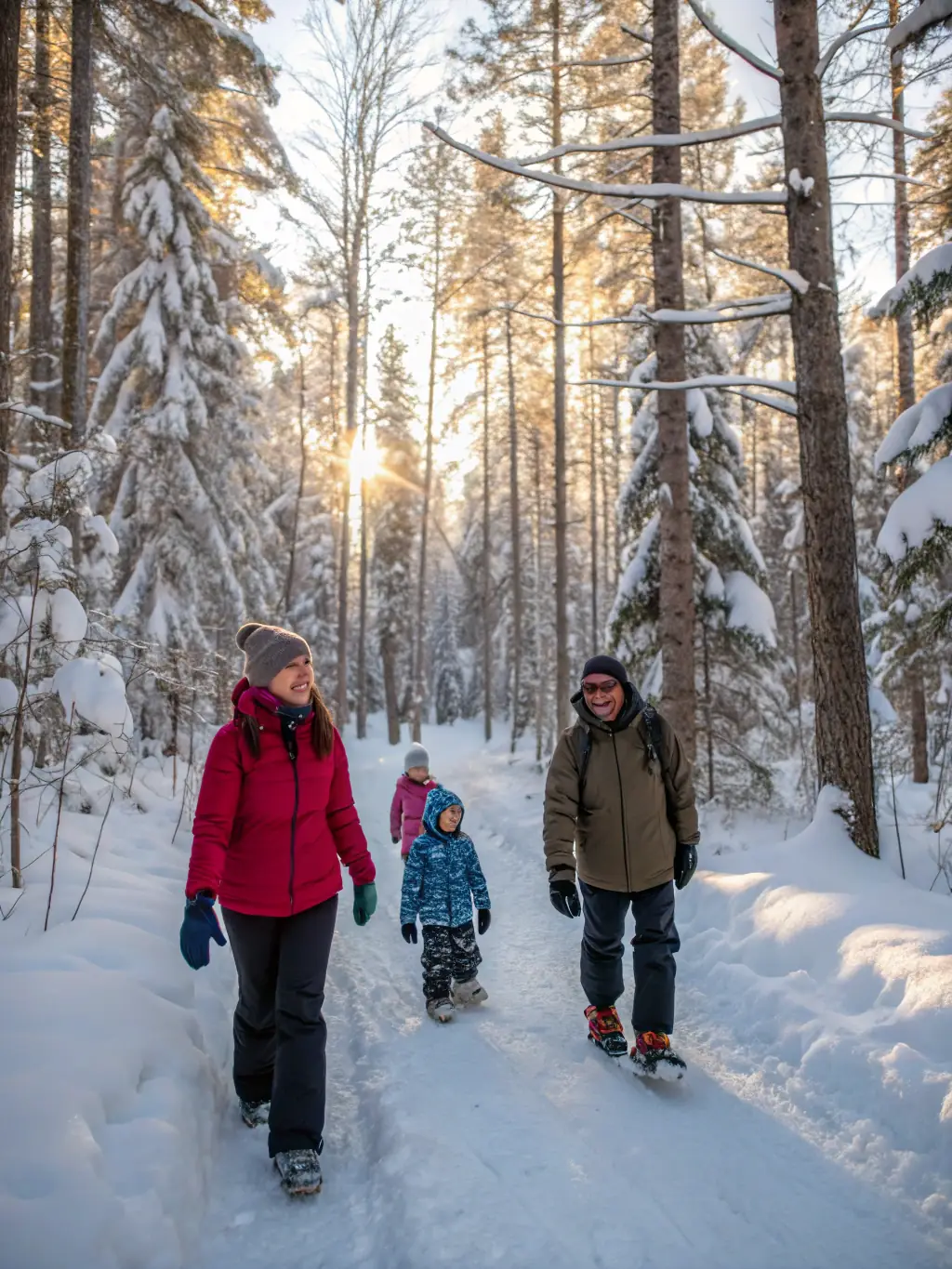 A vibrant photo of a family skiing down a gentle slope, with snow-covered trees in the background, showcasing the 'Sports Activities for Families' program.