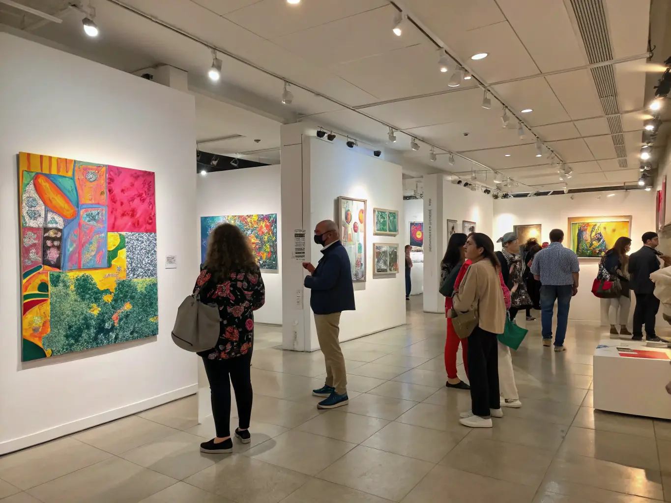 A photograph of a cultural exhibition organized by LE PACHYDERME CULTUREL, featuring a display of contemporary art pieces and visitors admiring the artwork in a well-lit gallery space.