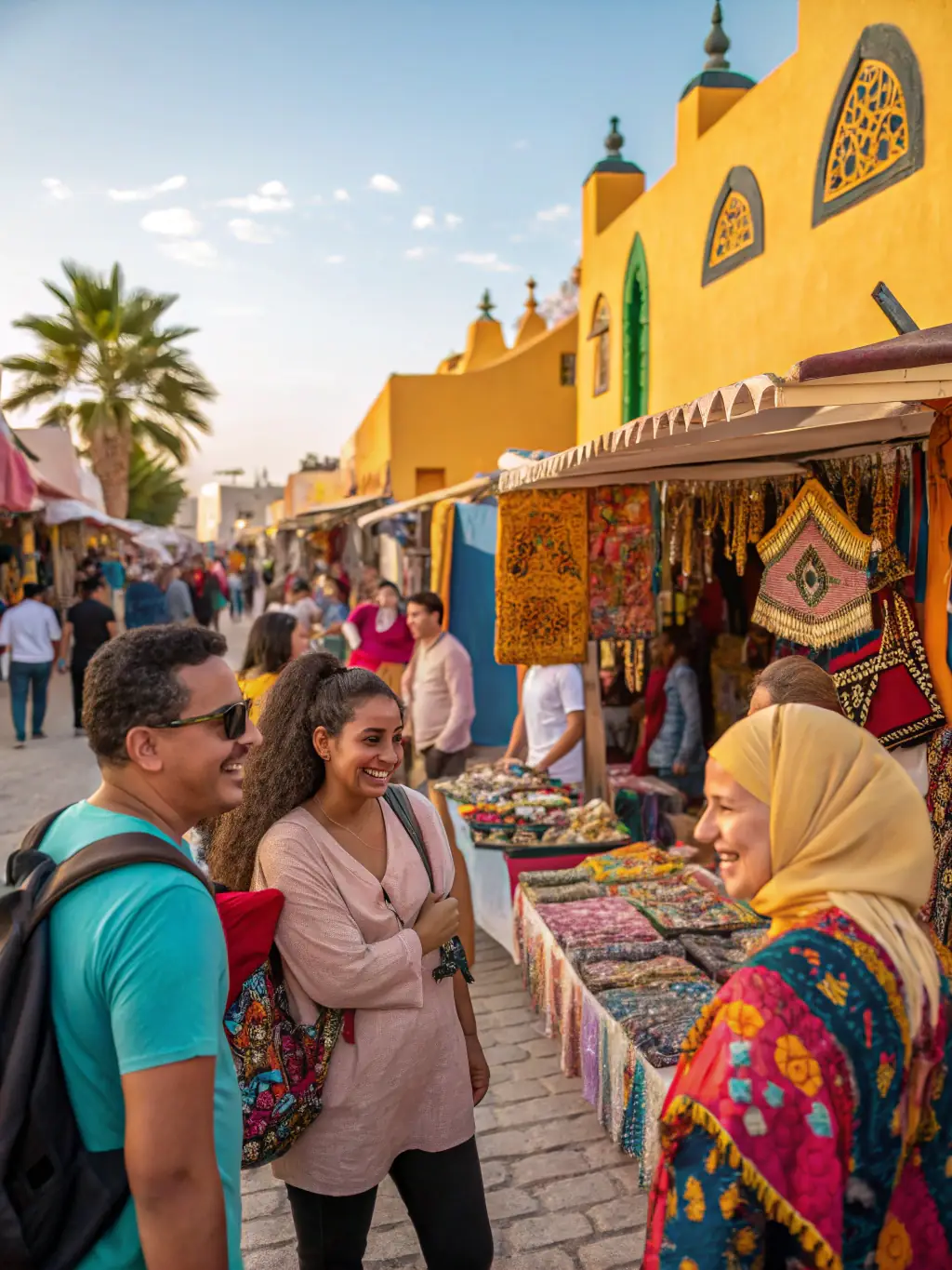 A bustling image of the flea market, showcasing various stalls with people browsing and buying items, highlighting the community involvement.