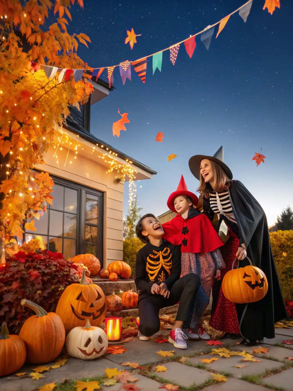 A lively scene from a Halloween event organized by Amicale Laïque, featuring children in costumes and spooky decorations.