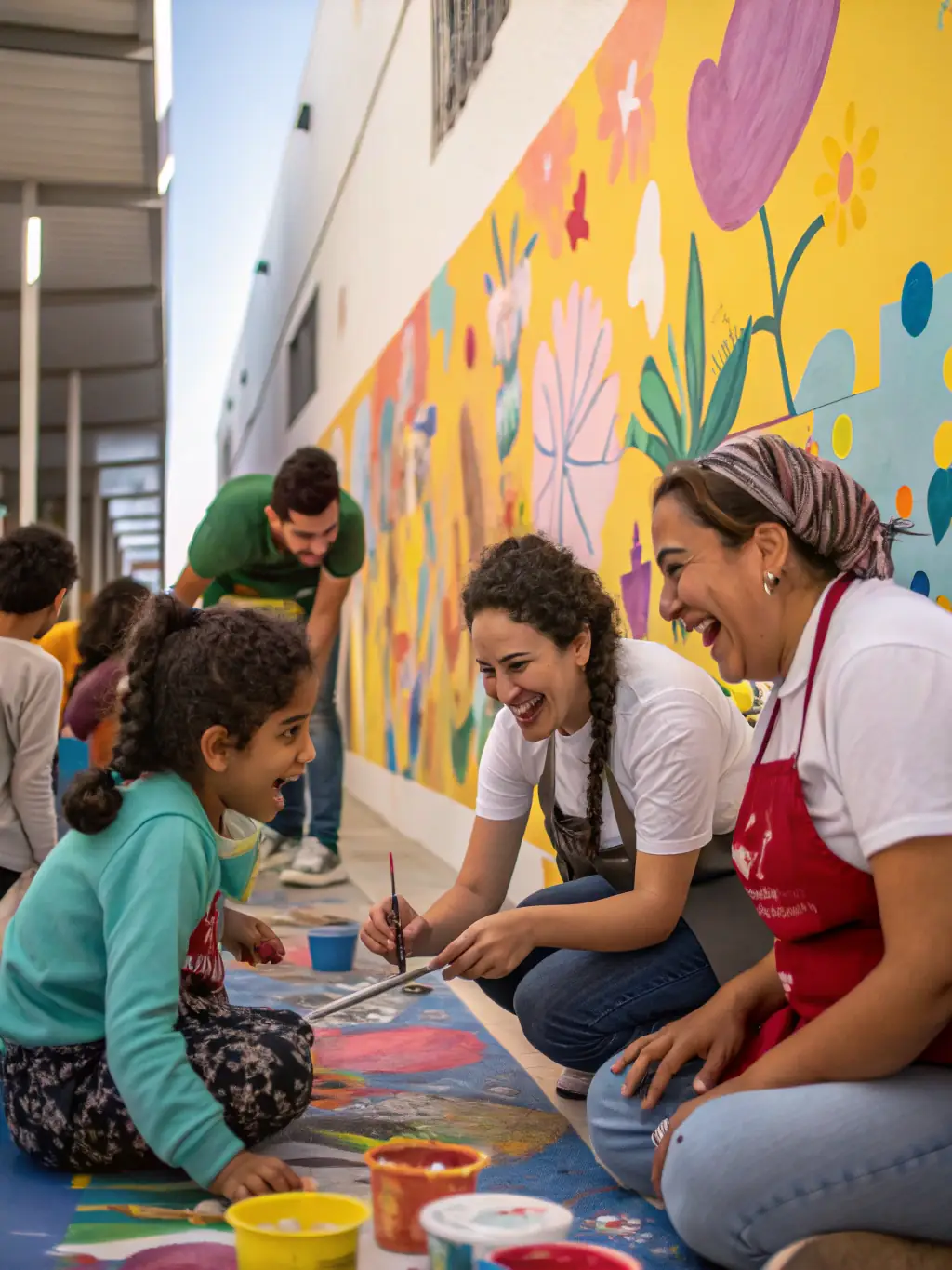 A photograph of a community art project organized by LE PACHYDERME CULTUREL, showing volunteers collaborating on a large-scale mural in a public space.